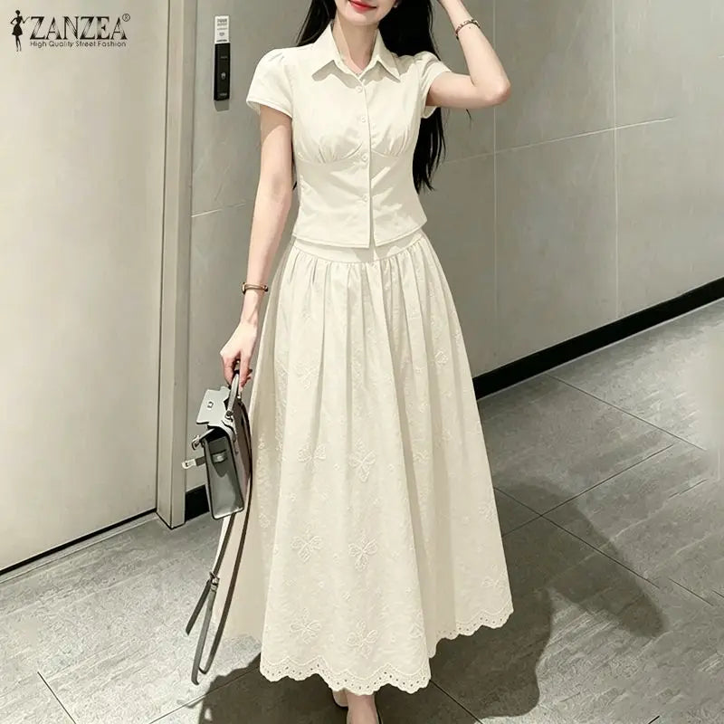 ZANZEA Women's Elegant Chic Skirt Sets Short Sleeve Short Shirt & Embroidered Maxi Skirt 2 Pieces Sets Outfits Korean Fashion