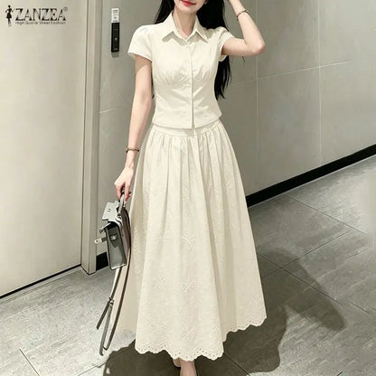 ZANZEA Women's Elegant Chic Skirt Sets Short Sleeve Short Shirt & Embroidered Maxi Skirt 2 Pieces Sets Outfits Korean Fashion
