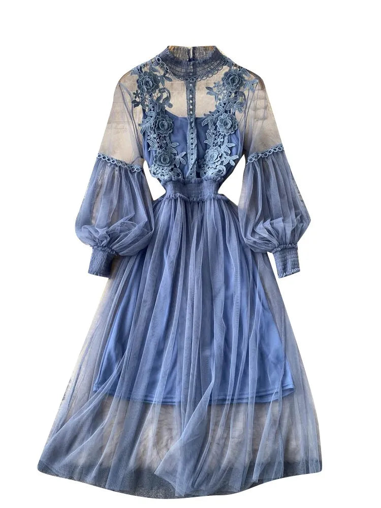 Ladies Dress Three-dimensional Flower See Through Mesh Temperament Stand Collar Lantern Sleeve High Waist Slim Female Dresses