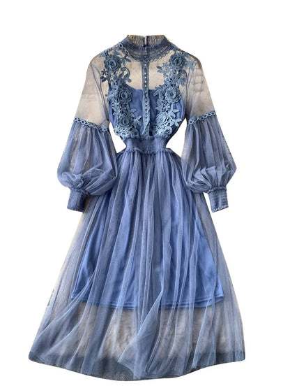 Ladies Dress Three-dimensional Flower See Through Mesh Temperament Stand Collar Lantern Sleeve High Waist Slim Female Dresses