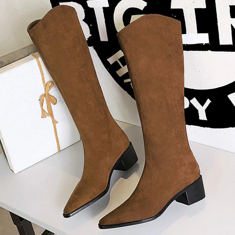 BIGTREE Shoe Women Knee-High Boots Suede Knight Boots Women Shoes Rear Zipper High boots Thick Heel Autumn Winter Boots Mid Heel