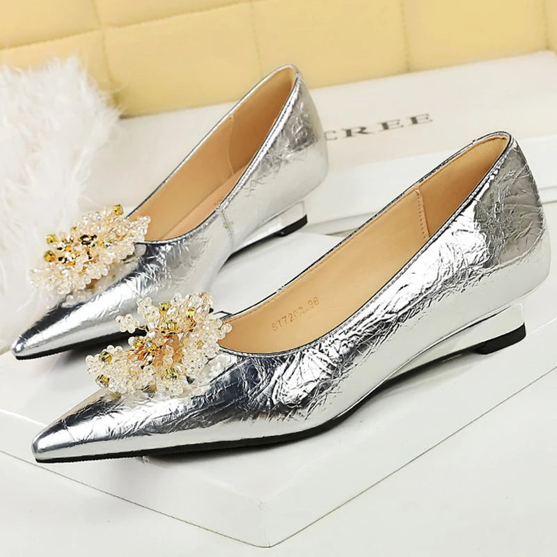 BIGTREE Shoes Women Wedges Metal Decoration Wedding Shoes Rhinestone Pointed Low Heel Ladies Shoes Luxury Banquet Shoes Fashion