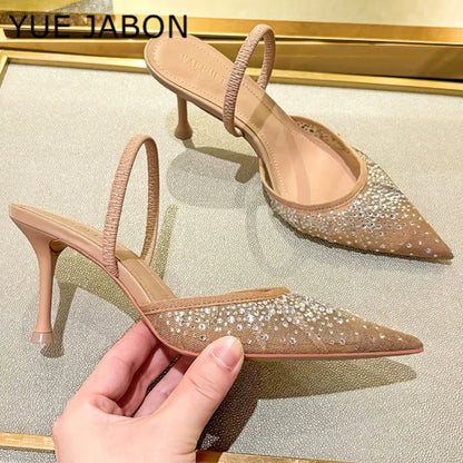 Nude Summer Women's Sandals Rhinestone Bright Mesh High Heels Footwear Elegant Slingback Pointed Slip on Party Lady Pumps Shoes