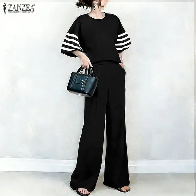 2026 ZANZEA Summer Wide Leg Pant Sets Fashion Women Outfits 3/4 Sleeve Blouse Trousers Striped OL Work Tracksuit 2 Pieces Sets
