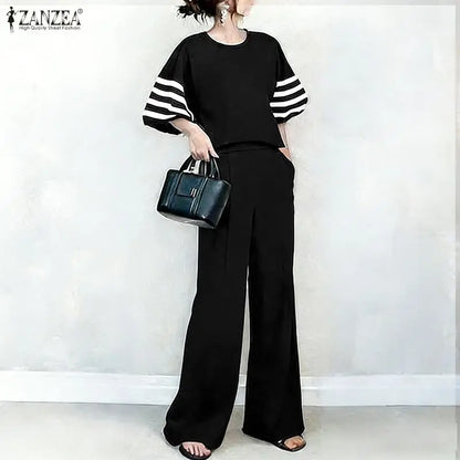 2026 ZANZEA Summer Wide Leg Pant Sets Fashion Women Outfits 3/4 Sleeve Blouse Trousers Striped OL Work Tracksuit 2 Pieces Sets