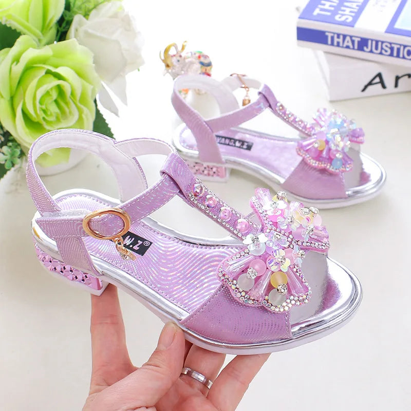 2026 Summer Children Princess Sandals Kids Girls Wedding Shoes High Heels Dress Shoes Bowtie Purple Pink White Shoes For Girls