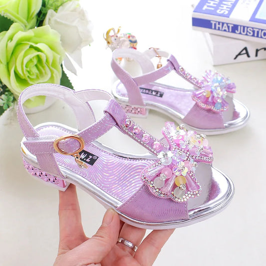 2026 Summer Children Princess Sandals Kids Girls Wedding Shoes High Heels Dress Shoes Bowtie Purple Pink White Shoes For Girls