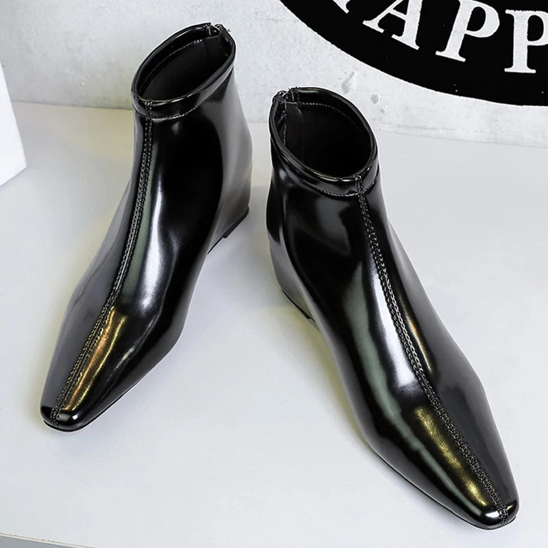 BIGTREE Shoes Patent Leather Short Boots Women Wedges Shoes Rear Zipper Short Leather Boots Low Heeled Women's Ankle Boots New