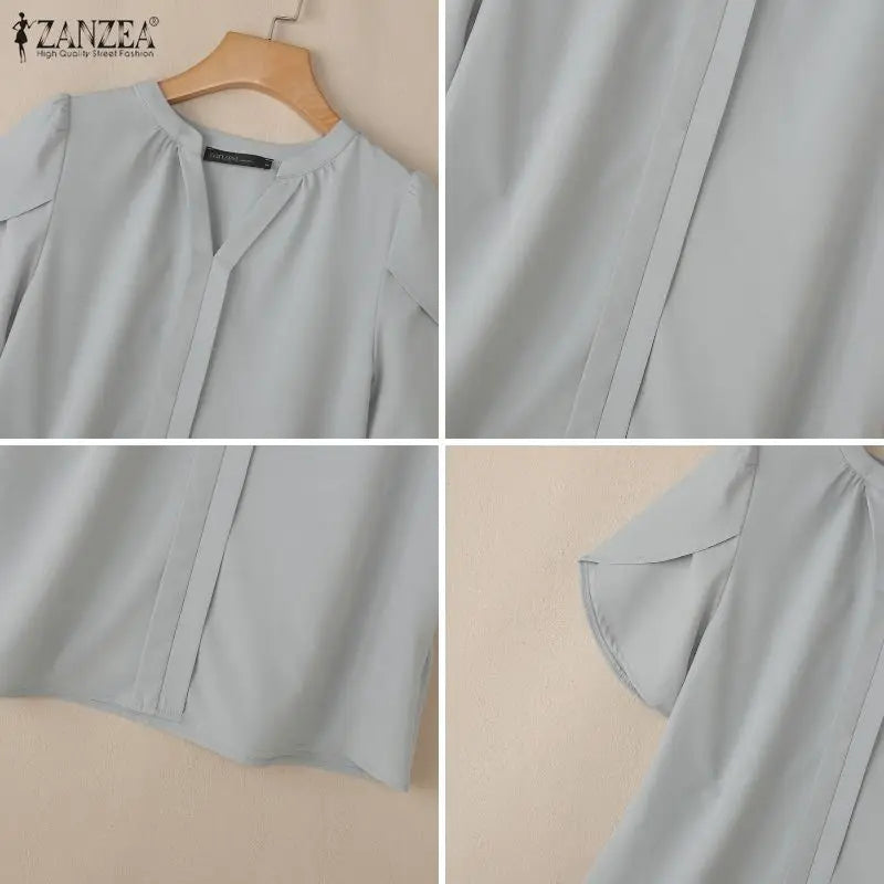 ZANZEA Women Blouse Summer Short Short Sleeve Tunic Top Pleated Elegant OL Casual Work V-Neck Solid Blusas Tunic Streetwear