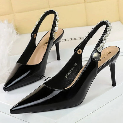 BIGTREE Shoes Pearl Water Diamond Design Women Pumps Rear Empty Rear Strap High Heels Sexy Party Shoes Stilettos Women Sandals