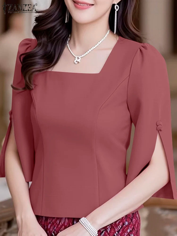ZANZEA Women Elegant Slit-Cuffs Blouses Fashion Square Neck 3/4 Puff Sleeve Solid Color Blusas Mujer Casual Commute Office Tops