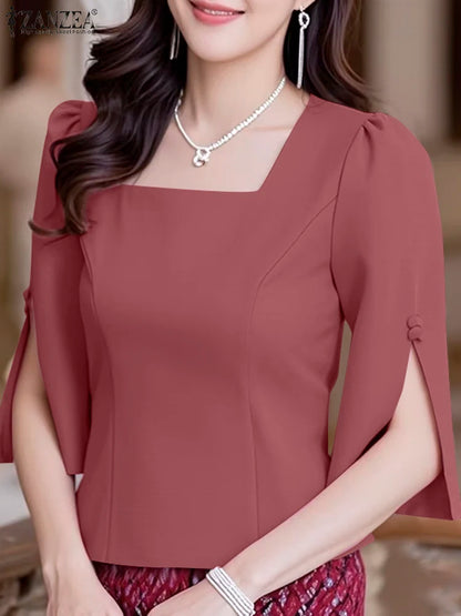 ZANZEA Women Elegant Slit-Cuffs Blouses Fashion Square Neck 3/4 Puff Sleeve Solid Color Blusas Mujer Casual Commute Office Tops