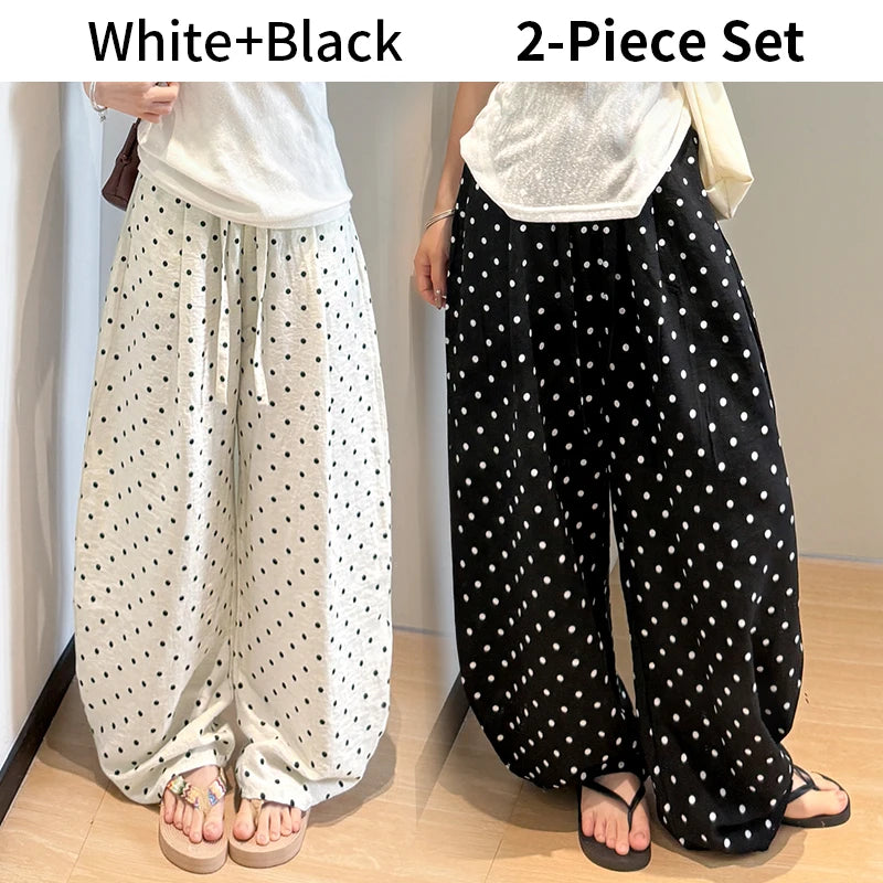 Linen Polka Dot Wide-Leg Pants for Women's Summer, Thin High-Waisted Loose and Laid-Back Style Yamamoto Pants, Casual Straight-L