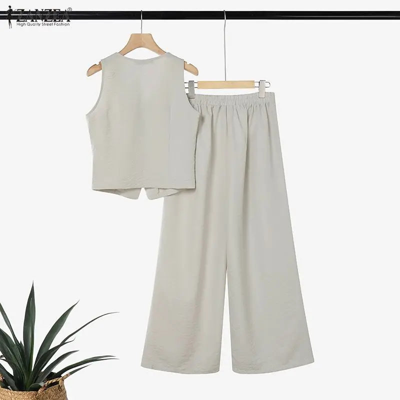 ZANZEA Women Elegant 2-Piece Matching Sets Sleeveless Vests & Wide Leg Pants 2pcs Pant Sets Summer Office Lady Work Suits Outfit
