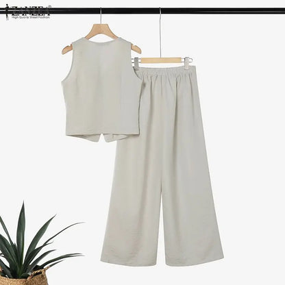 ZANZEA Women Elegant 2-Piece Matching Sets Sleeveless Vests & Wide Leg Pants 2pcs Pant Sets Summer Office Lady Work Suits Outfit