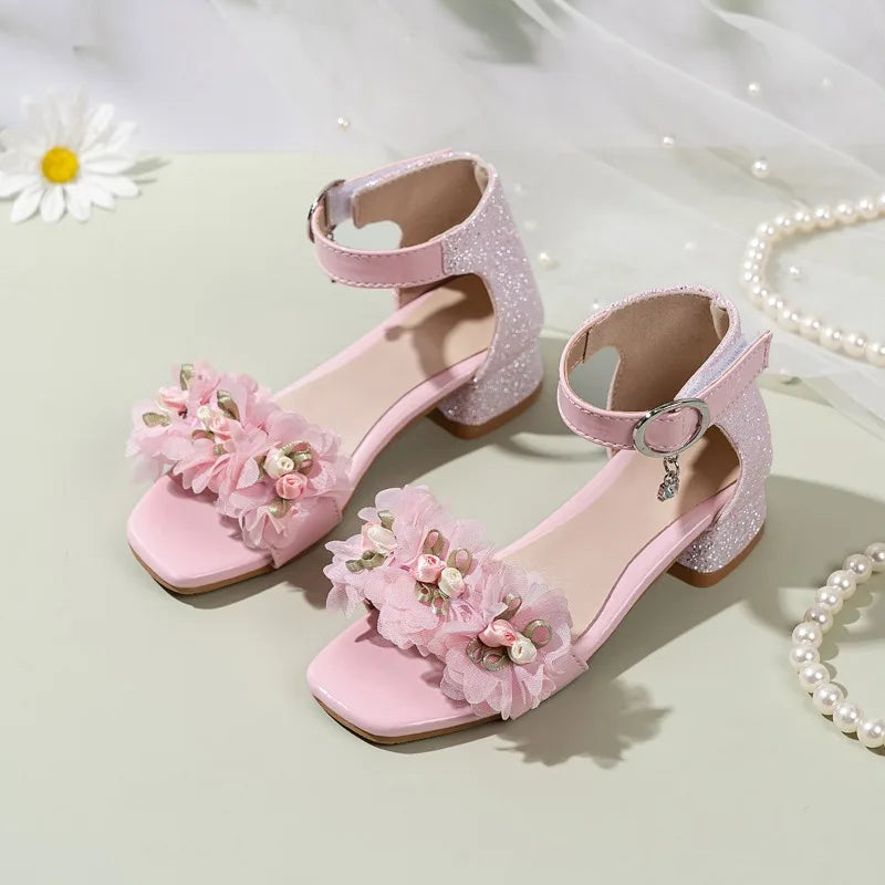 2026 Summer Kids Elegant Sandals New Sequins Girls Catwalk Shoes for Wedding Party Fashion Flower Children's Princess High Heels