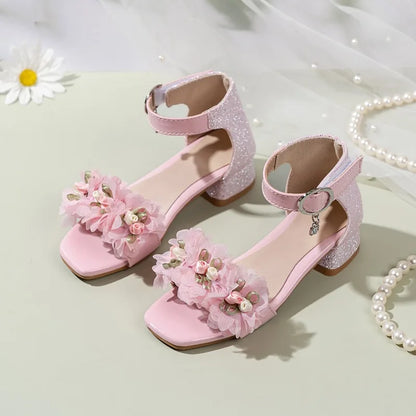 2026 Summer Kids Elegant Sandals New Sequins Girls Catwalk Shoes for Wedding Party Fashion Flower Children's Princess High Heels