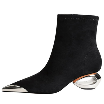 BIGTREE Shoes Metal Pointed Tip Women Boots Hollow Out Heels Women Ankle Boots Female Suede Short Boots Mid Heel Shoes Fashion
