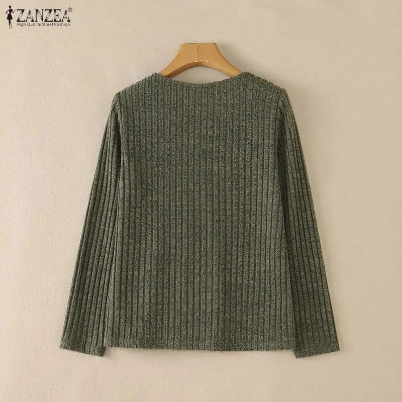 ZANZEA Women Ribbed Knit T-Shirts Casual V-Neck Long Sleeve Regular Fit Solid Color Blouses 2026 Autumn Daily Wear Pullover Tops