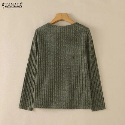 ZANZEA Women Ribbed Knit T-Shirts Casual V-Neck Long Sleeve Regular Fit Solid Color Blouses 2026 Autumn Daily Wear Pullover Tops
