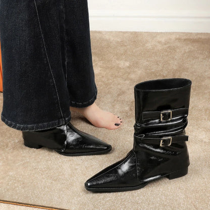 Retro Pointed Western Cowboy Boots For Women Belt Buckle Design Mid-Calf Boots Chunky Heel Leather Boots Women Knight Boots 2026