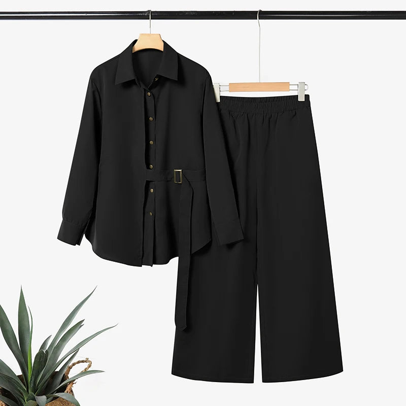 Modest Pant Suits for Hijabs Women Fashion Sashes Long Sleeve Shirts and Elastic Waist Pants 2 Piece Muslim Sets Islamic Outfits