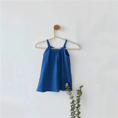 0-12M Baby Girls Summer Cotton Muslin Suspender Dress Solid Color Sleeveless Loose Casual Princess Dress For Newborn Girls