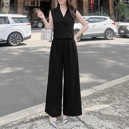 ZANZEA Women's Elegant Pant Sets Lapel Collar Sleeveless Top & Wide Leg Pant 2 Piece Suits Office Lady Commute Work Outfits