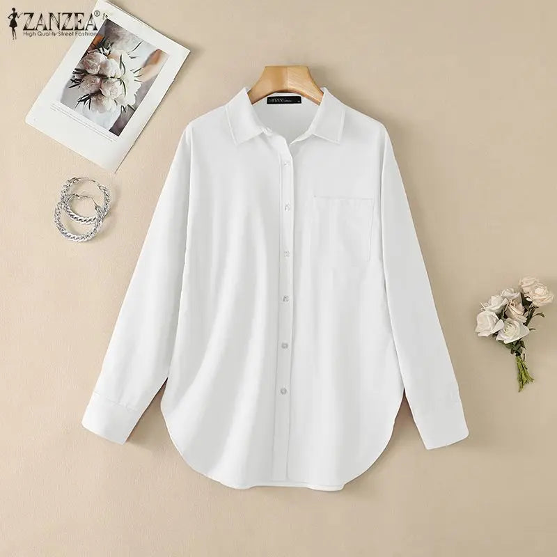 ZANZEA Woman Rounded Hem Long Shirts Casual Turn-Down Collar Long Sleeve Button Up Blouses Autumn Solid Chemise Femme Streetwear
