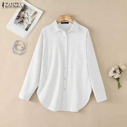 ZANZEA Woman Rounded Hem Long Shirts Casual Turn-Down Collar Long Sleeve Button Up Blouses Autumn Solid Chemise Femme Streetwear