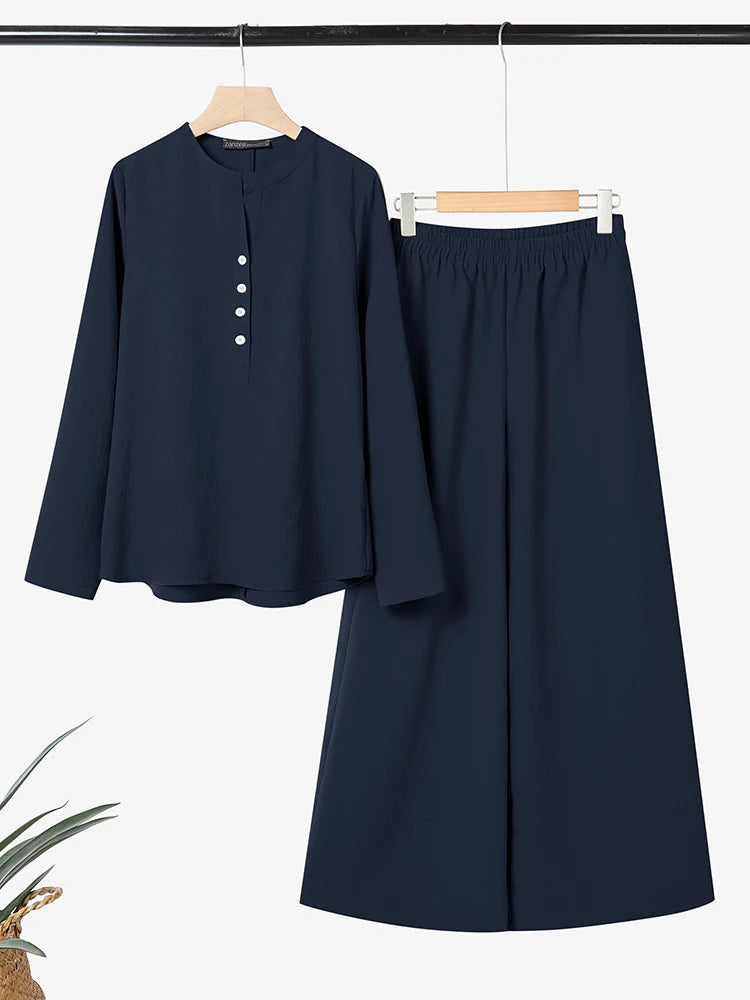 2026 ZANZEA Spring 2 Piece Sets Fashion Women Long Sleeve Tops Pants Sets Casual Solid Outfits Work Tracksuit Wide Leg Trousers
