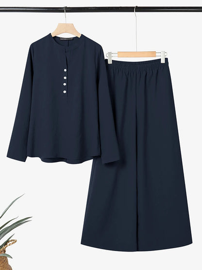2026 ZANZEA Spring 2 Piece Sets Fashion Women Long Sleeve Tops Pants Sets Casual Solid Outfits Work Tracksuit Wide Leg Trousers