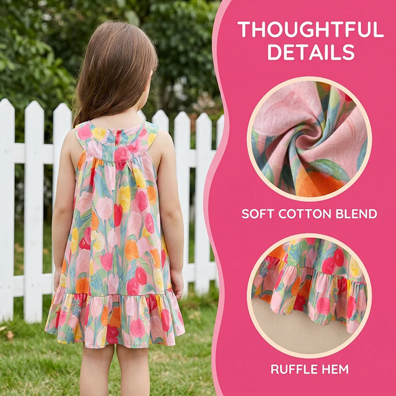 Summer Kids Halter Dress Sleeveless Tulip Floral Girls A-Line Dresses Ruffle Hem Children Sundress for Beach Vacation Wear