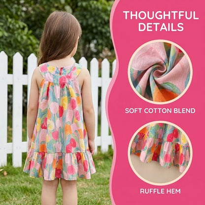 Summer Kids Halter Dress Sleeveless Tulip Floral Girls A-Line Dresses Ruffle Hem Children Sundress for Beach Vacation Wear