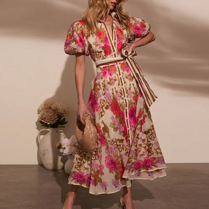 Women Casual Floral Print Bohemian Party Dress Chic Summer Lace-up Long Dress Ladies Elegant Single Breasted Shirts Dress 2025