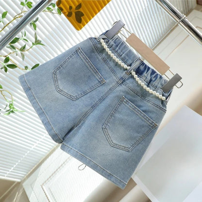 Girls Denim Skort 2026 Summer Kids Short Pants Cute Sweet Style Fake Two Piece Design Comfortable Stretch Casual Versatile