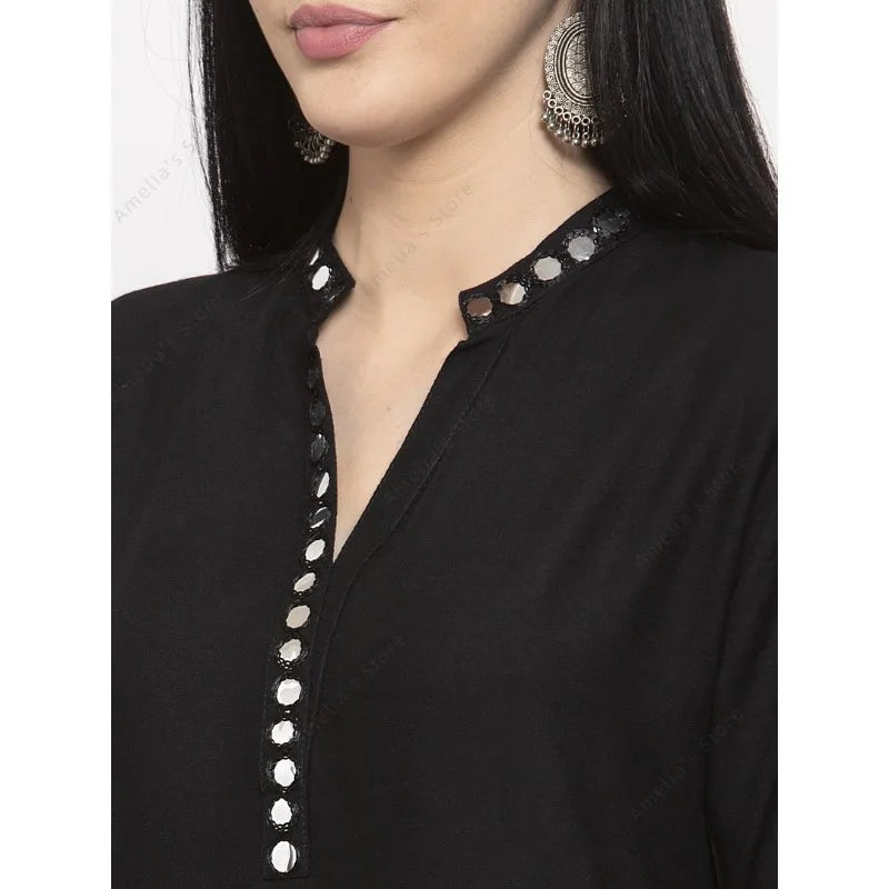 Indian Dress Women's Black Mirror Work Kurta Sharara Set Elegant Ethnic Suit for Party Festive Wear Pakistani