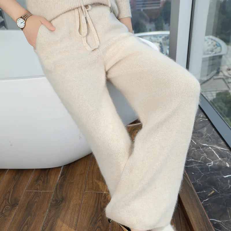 100% Pure Mink Cashmere Knit Wide-Leg Pants Women's Elastic Waist Loose Straight Trousers Leisure Thick Drawstring Mopping Pants