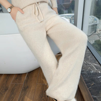 100% Pure Mink Cashmere Knit Wide-Leg Pants Women's Elastic Waist Loose Straight Trousers Leisure Thick Drawstring Mopping Pants