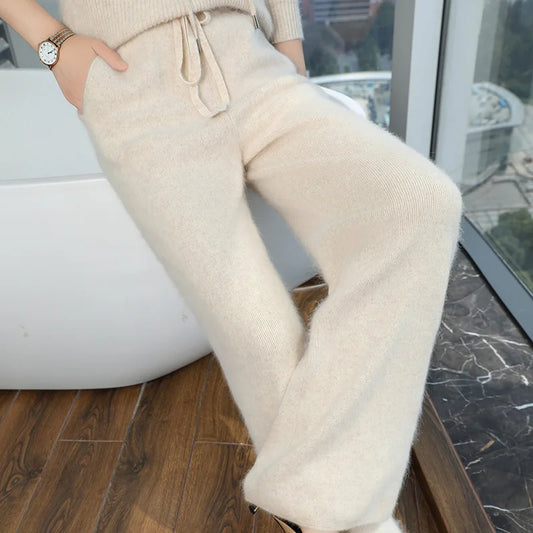 100% Pure Mink Cashmere Knit Wide-Leg Pants Women's Elastic Waist Loose Straight Trousers Leisure Thick Drawstring Mopping Pants