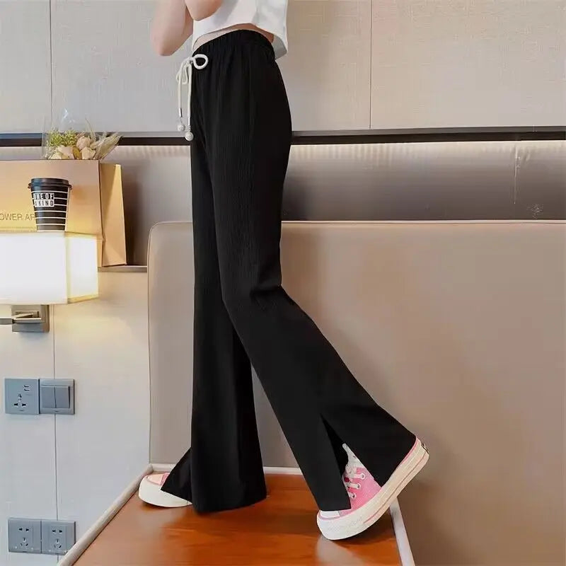 Trendy Ice Silk Girls' Flare Pants 5-12 Years Lightweight Casual Long Pants for Kids Versatile Stylish