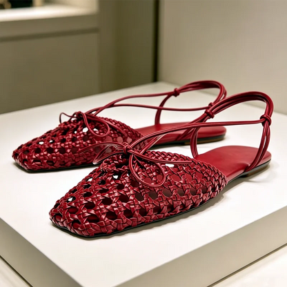 Hand Woven Back Strap Flat Sandals Women Braided Upper Design Slingback Cage Flats for Girl Cute Bow Detail Summer Casual Shoes