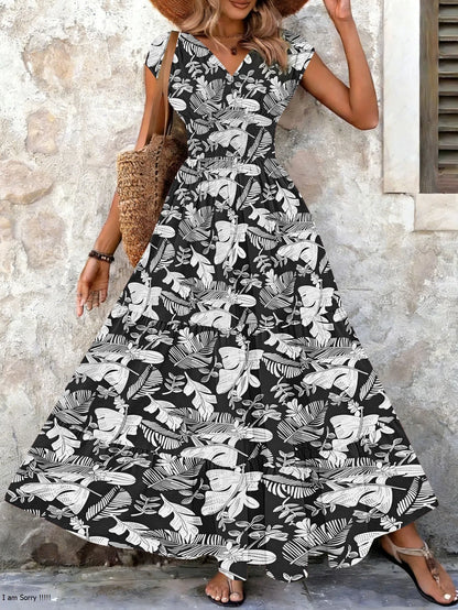 2026 Vintage Floral Print Dress Elegant V-Neck Short Sleeve Long Women's Fashion Retro Gown