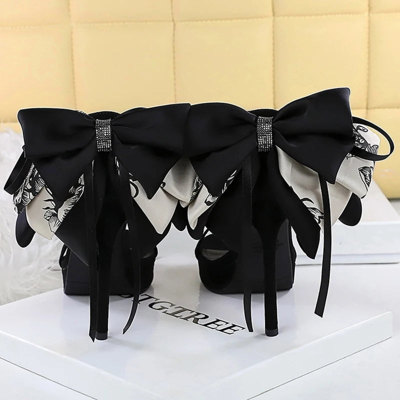 BIGTREE Shoes Suede Women Pumps Bowknot Design Ultra High Heels 11 cm Stiletto Open Toed Slim Heeled Sandals Women Summer Shoes