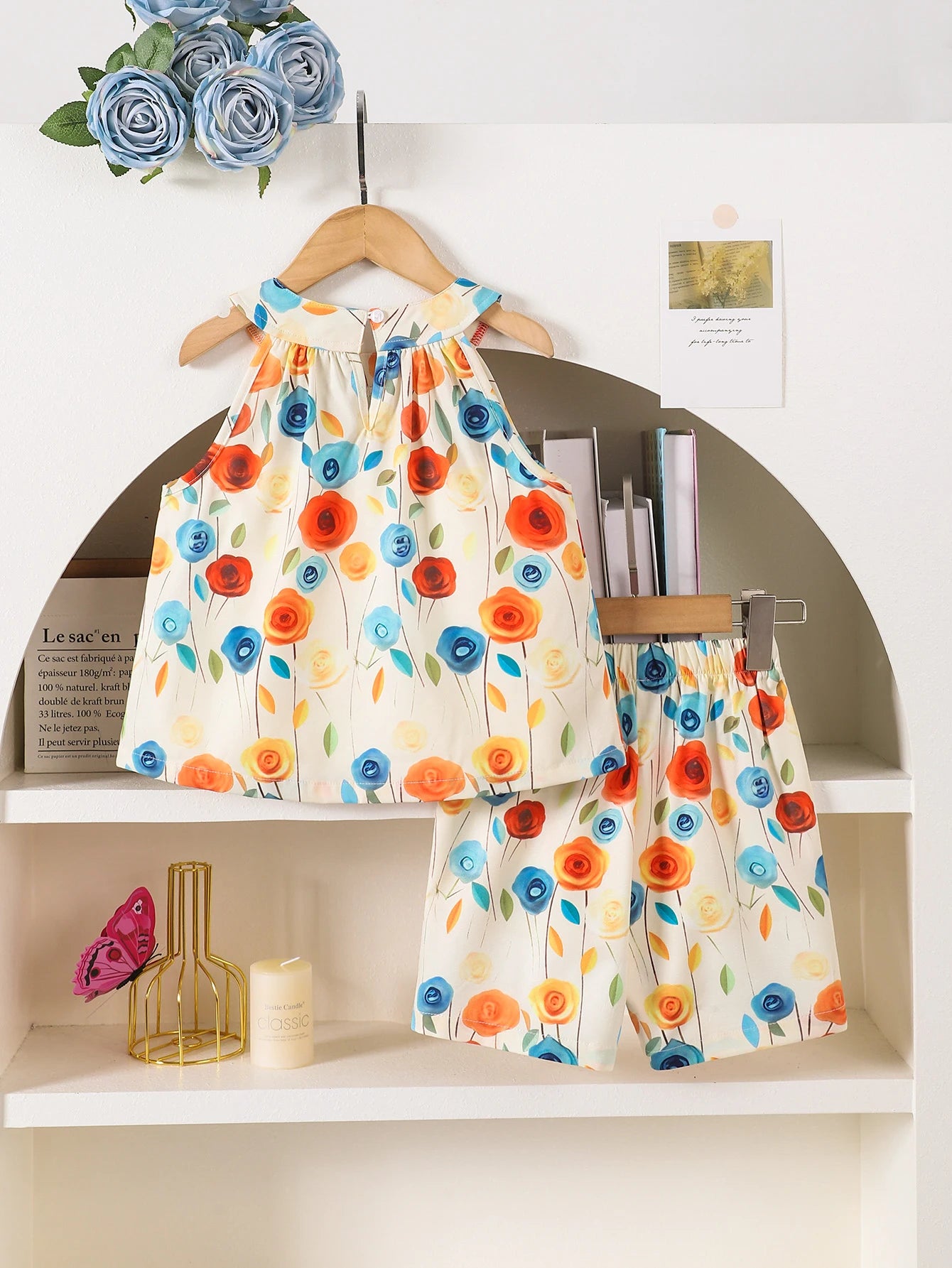 Girls' Summer Casual Print Two-Piece Set Hanging Neck Top And Shorts Outfit for Kids