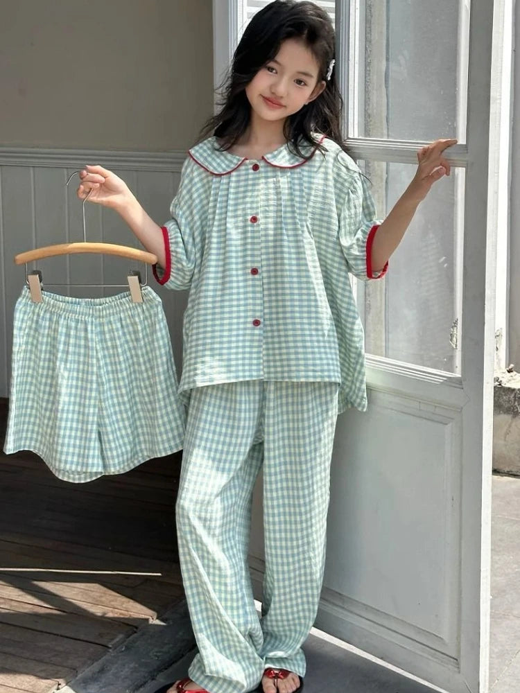 Girls Summer Ice Silk Short Sleeve Loungewear Set with Doll Collar for Home Outdoor and Air Conditioning Wear