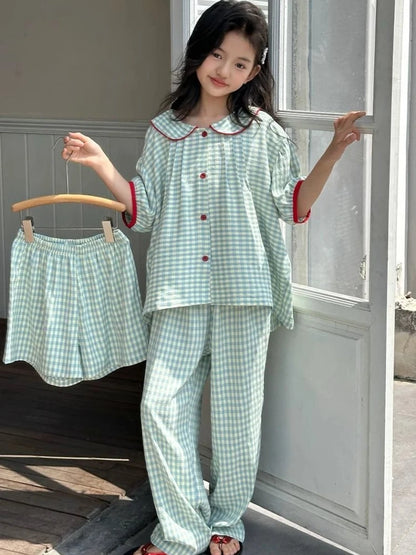 Girls Summer Ice Silk Short Sleeve Loungewear Set with Doll Collar for Home Outdoor and Air Conditioning Wear