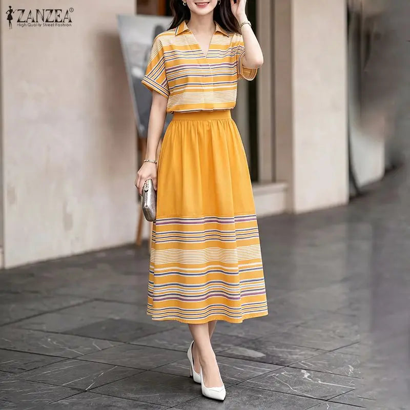 Summer ZANZEA Women Dress Sets Fashion Stripe 2PCS Two-piece Outfits Short Sleeve Thin Tops Long Skirts OL Work Streetwear 3XL