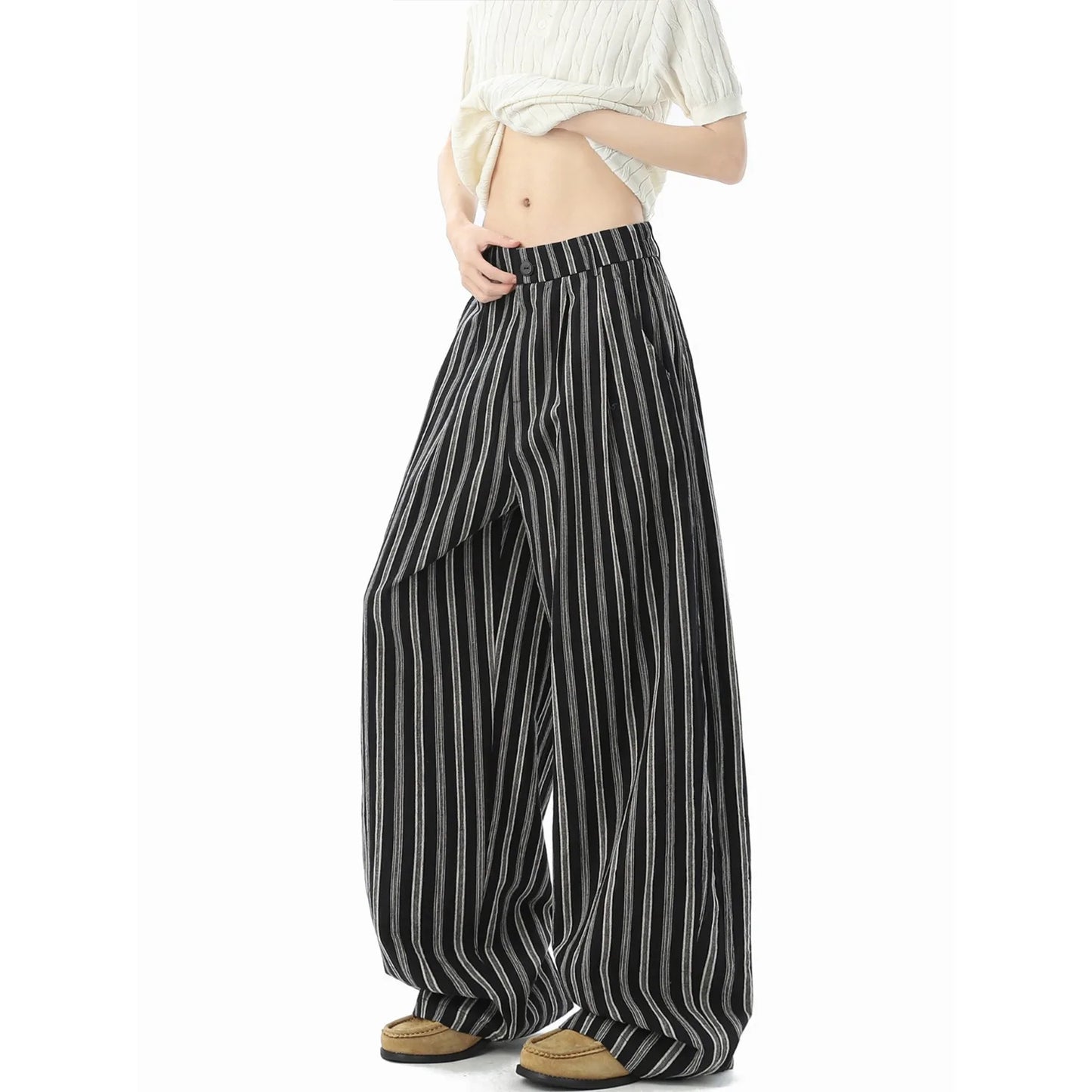 American Retro Striped Cotton Linen Wide Leg Casual Pants Men Summer New Color Collision Loose Match Slimming Floor-Length Pants