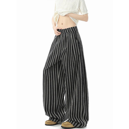 American Retro Striped Cotton Linen Wide Leg Casual Pants Men Summer New Color Collision Loose Match Slimming Floor-Length Pants